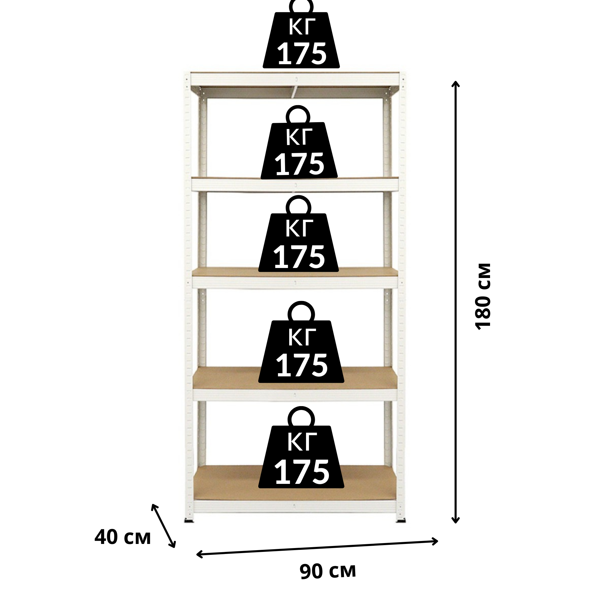 Стеллаж cкладской Siker разборной металлический с 5 полками МДФ по 175 кг для хранения 180х90х40 см Белый - фото 2