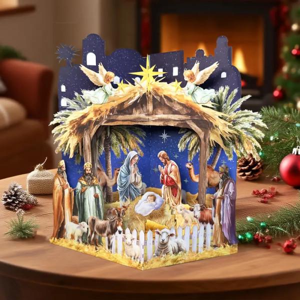 Открытка-панорама 3D Вифлеемский вертеп с фигурками ангелов/волхвов и святыми сценами Рождества 18,2х17,5 см
