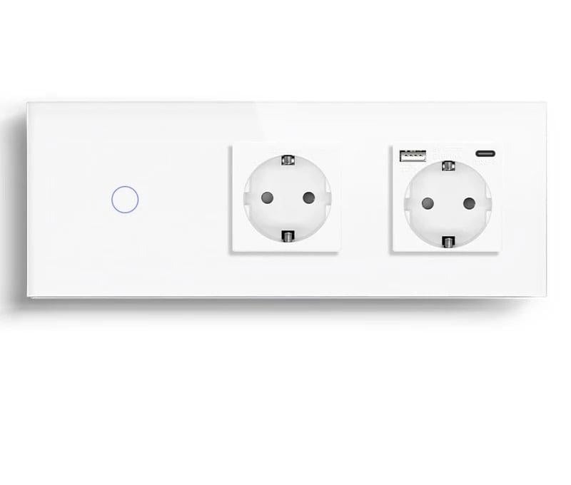 Выключатель проходной LUXION сенсорный с розеткой USB A+C 20Вт с заземлением/шторками стекло Белый