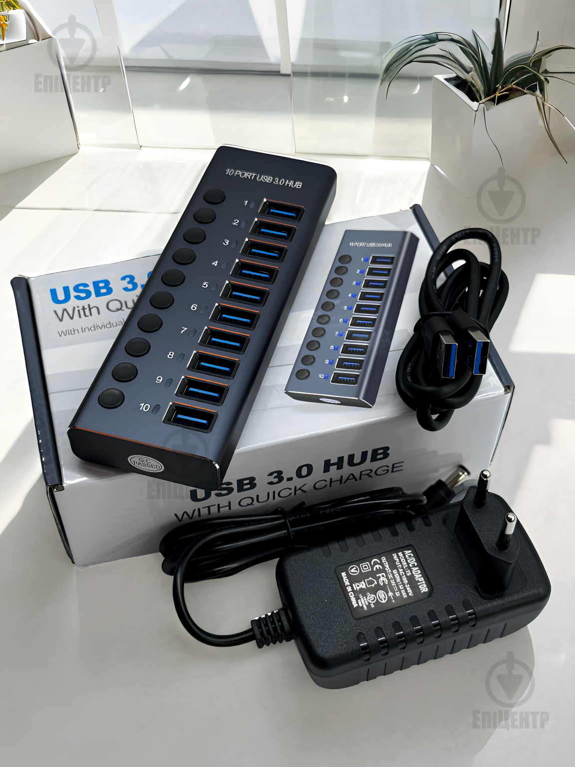 Хаб USB 3.0 c дополнительным питанием 10 USB портов алюминиевый корпус 24V3A 72W (700037) - фото 2 Хаб USB 3.0 c дополнительным питанием 10 USB портов алюминиевый корпус 24V3A 72W (700037) - фото 2