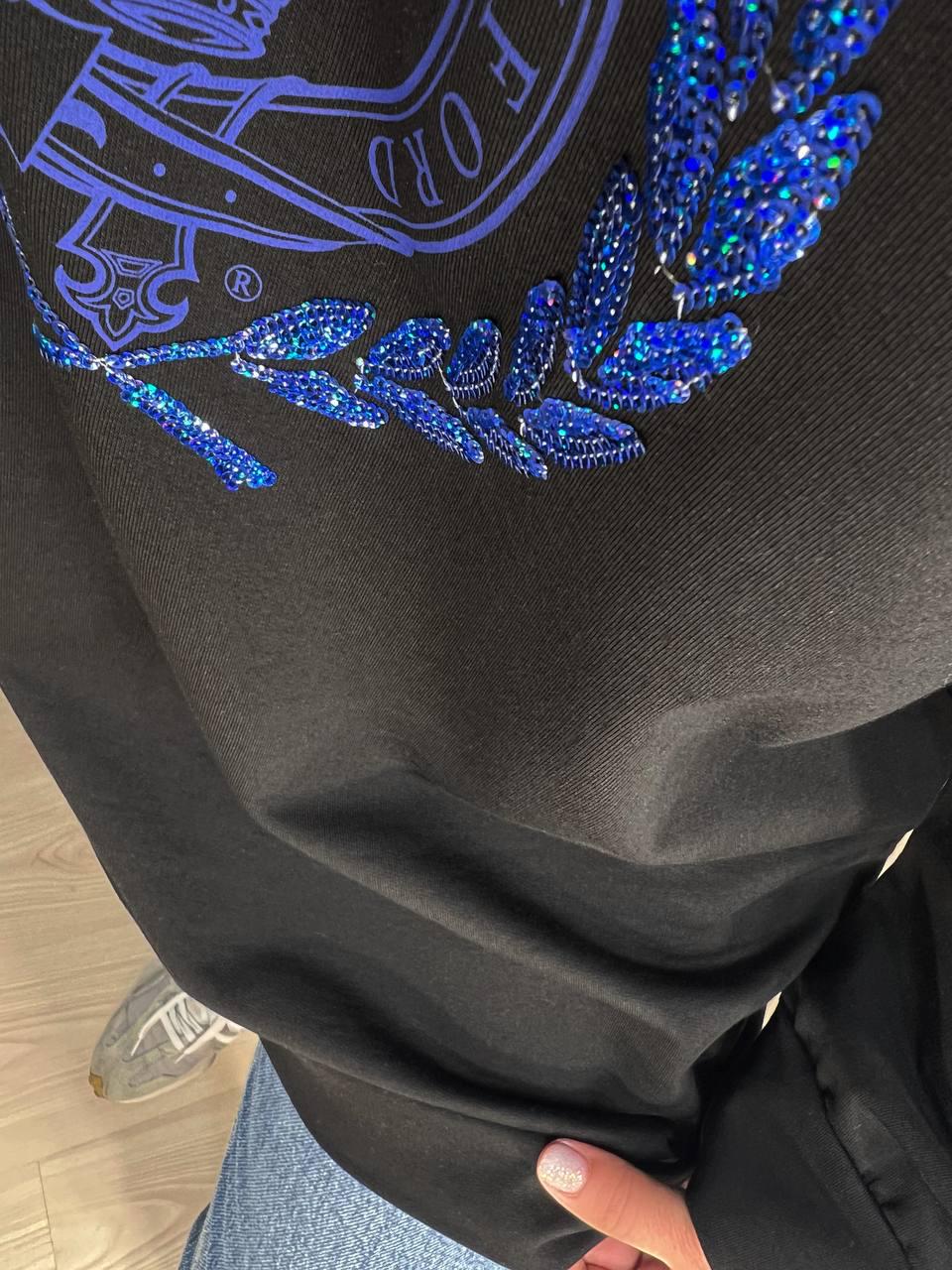 Свитшот женский LSK 6011 удлиненный туника вышивка спереди OXFORD пайетки OS Черный (1870) - фото 6