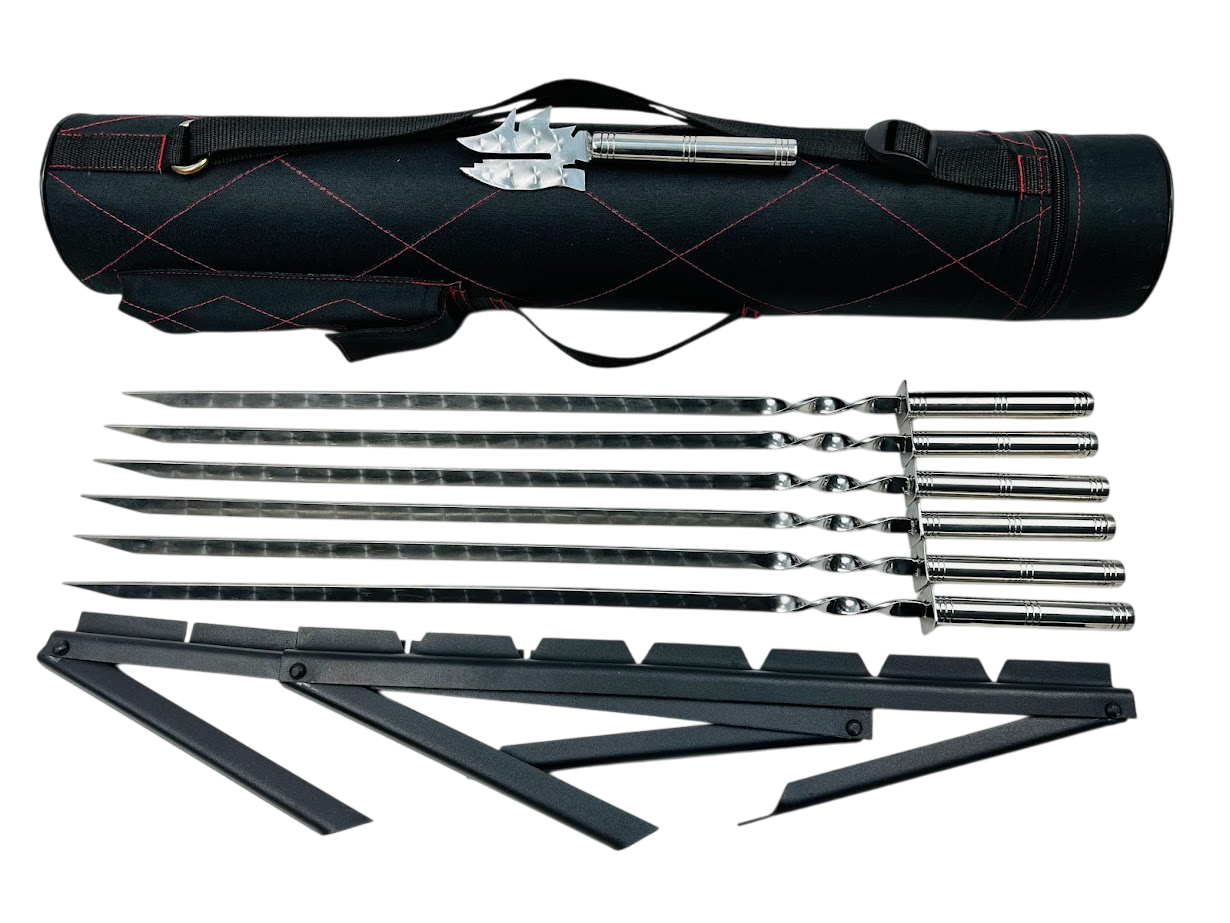 Подарочный набор шампуров Классик с аксессуарами для пикника на 9 предметов из нержавеющей стали в тубусе Черный (124-10-NB-2239)