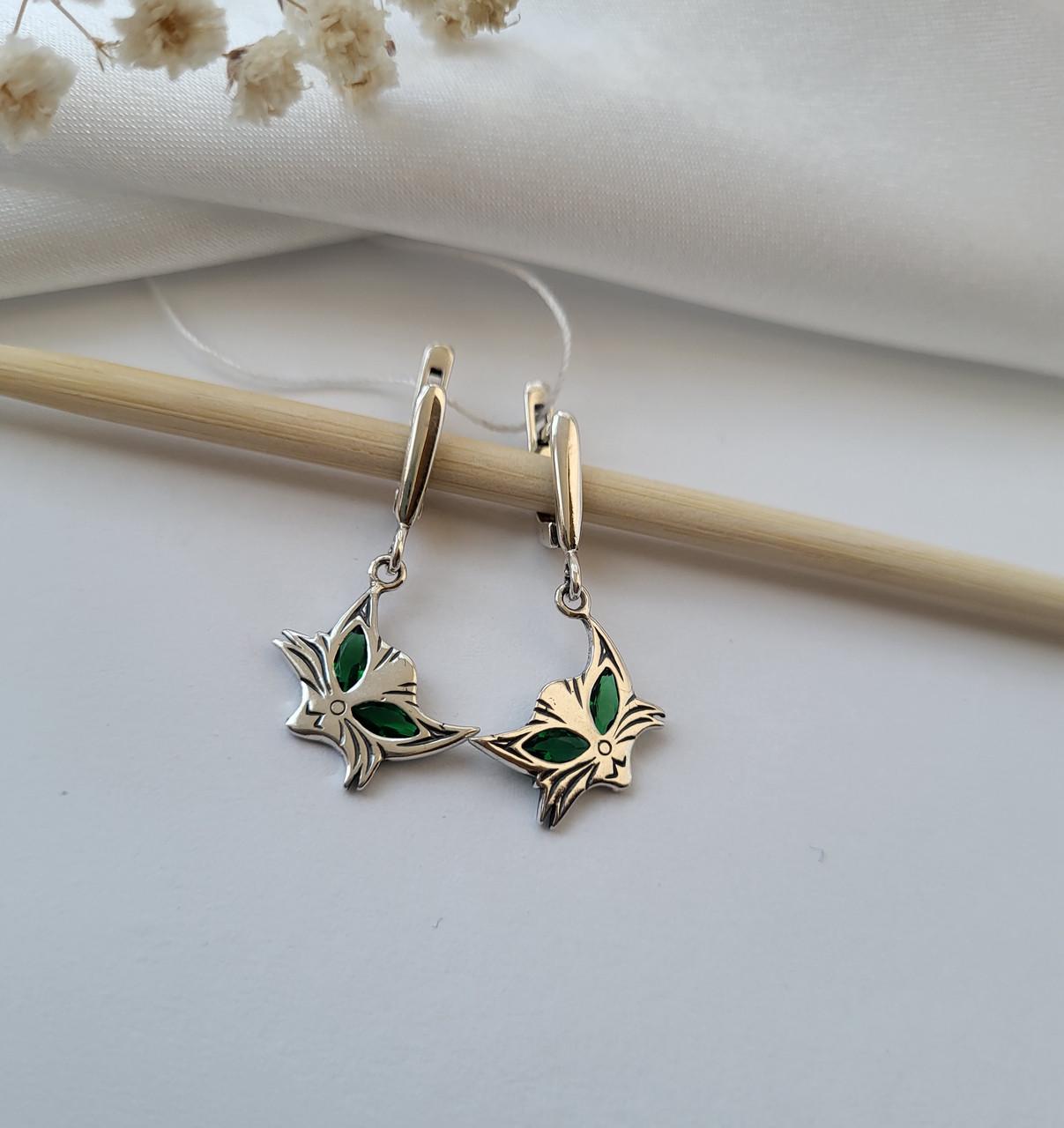Серебряные серьги с жемчугом Кот с Зелеными глазками с подвеской 925 проба 3,61 г (2045/1)