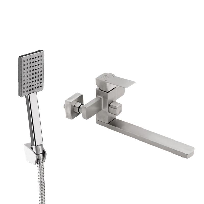 Смеситель для ванны Lidz Kubis 005 с поворотным изливом и душевым гарнитуром K35 Nickel (LDKUB005NKS28537)