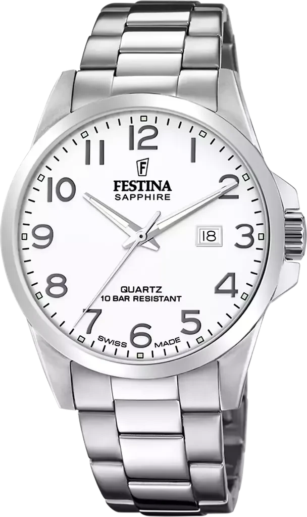 Наручний годинник чоловічий Festina Classics Swiss Made F20024/1 з сталевим корпусом/водозахистом 100 м та білим циферблатом
