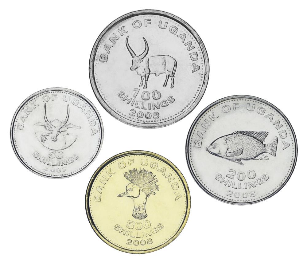 Коллекционные монеты Уганды 4 шт. 2007-2008 VF-AU 50/100/200/500 шиллингов (М22256)