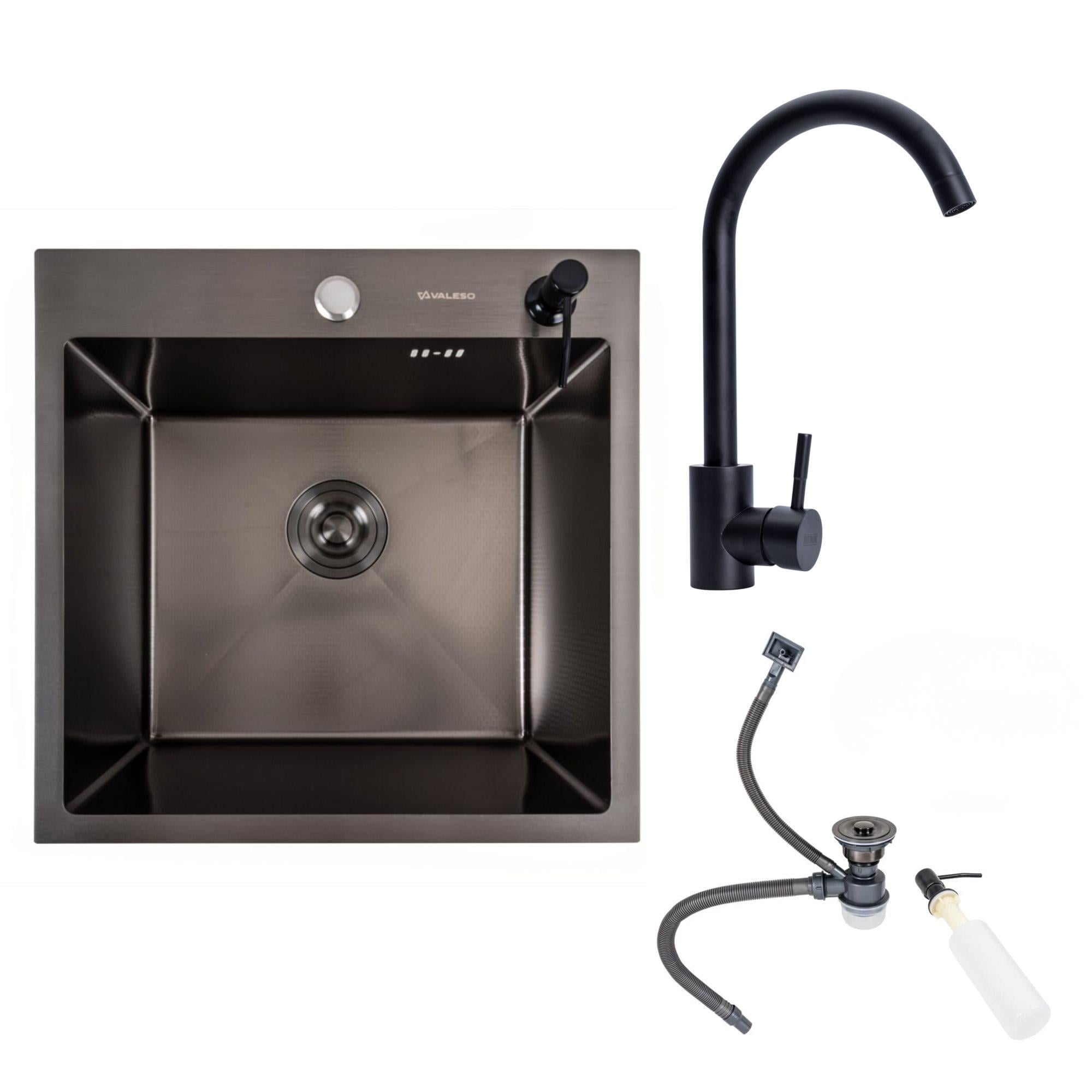 Комплект Кухонная мойка VALESO 500х500 PVD DECOR Черный и смеситель (BG76) Комплект Кухонная мойка VALESO 500х500 PVD DECOR Черный и смеситель (BG76)