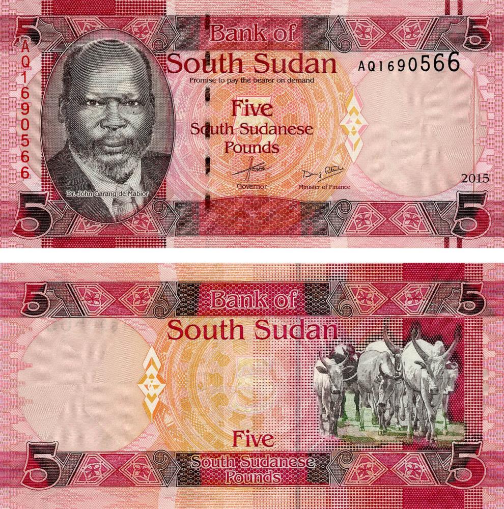 Коллекционная банкнота Южный Судан 5 фунтов 2015 UNC Буйволы (P11)
