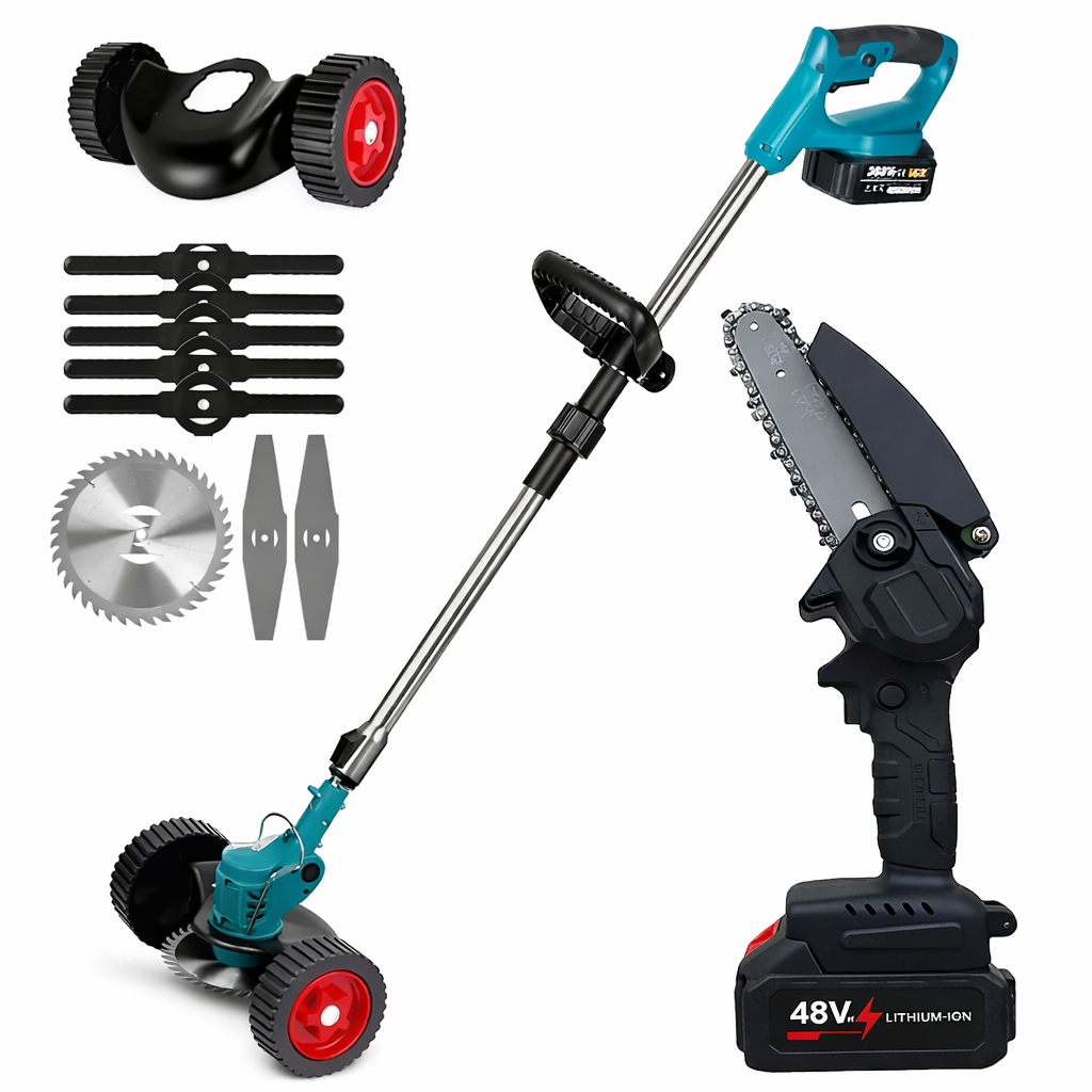Набор пила-мини аккумуляторная и коса-триммер на колесах 2в1 (482V1)