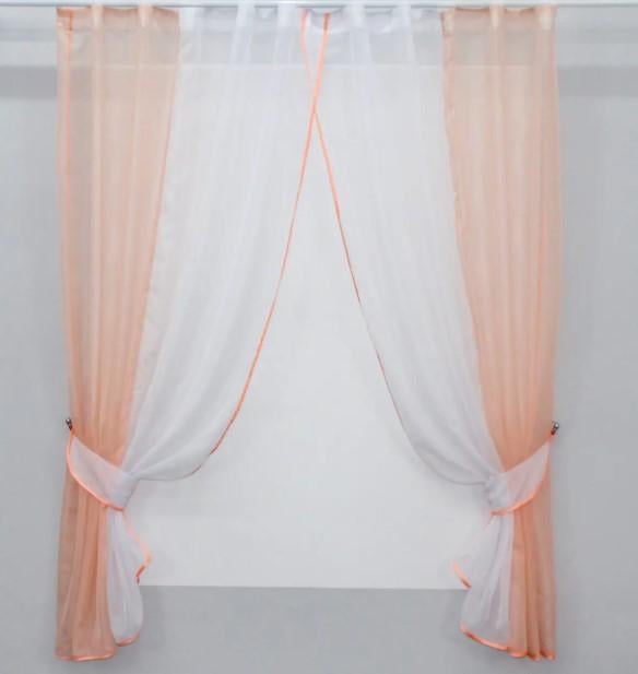 Занавеска кухонная с подвязками шифон 265х170 см Персиковый/Белый (017к)