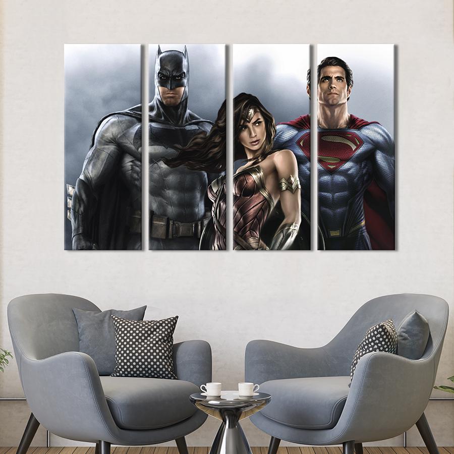 Картина модульная из 4 частей Супергерои DC Чудо-женщина, Бэтмен, Супермен XL 209x133 см (765-41)