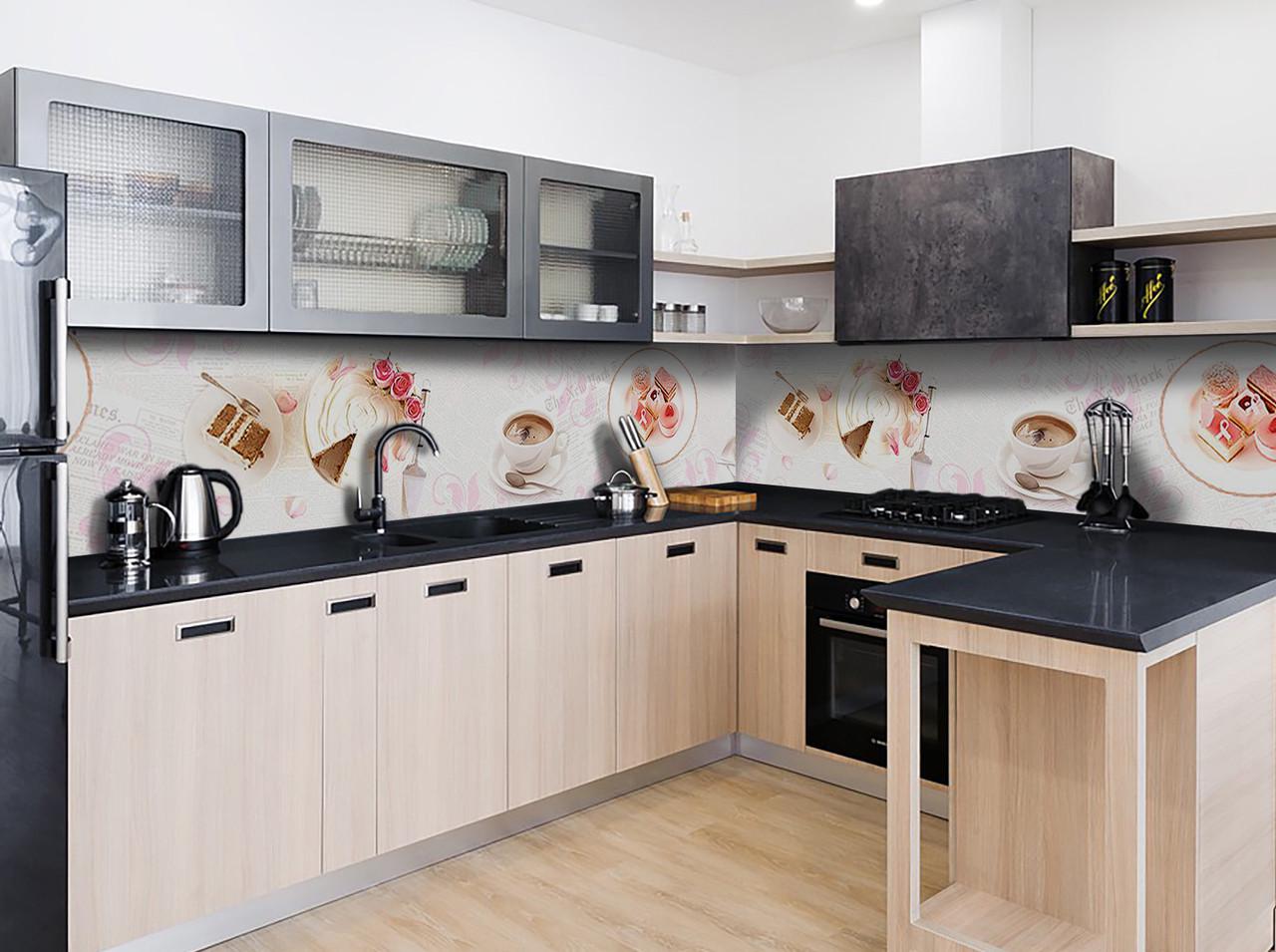 Кухонный фартук Утренние сладости пирожные из самоклеющейся виниловой пленки 60х300 см Розовый