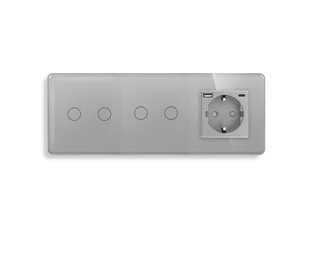 Выключатель проходной/сенсорный ELIOS 4 сенсоры 2-2 с розеткой USB A+C 20Вт с заземлением/шторками стекло Серый