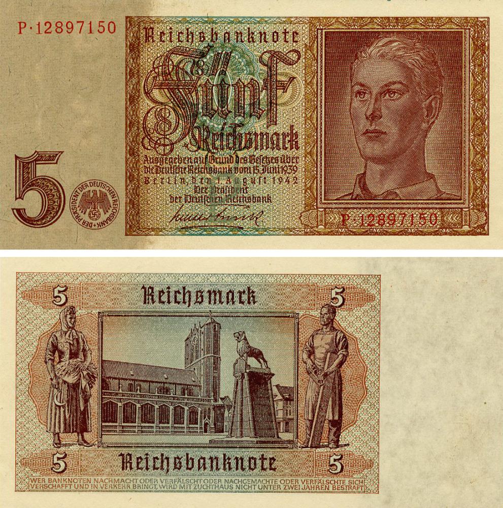 Коллекционная банкнота Германия 5 марок 1942 AU-UNC (P186a)