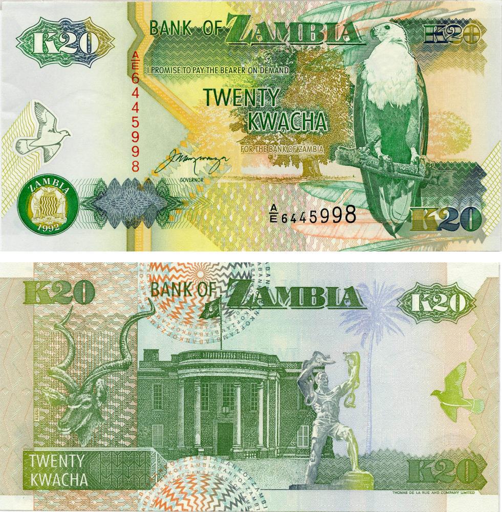 Коллекционная банкнота Замбия 20 квача 1995 UNC (P36b)