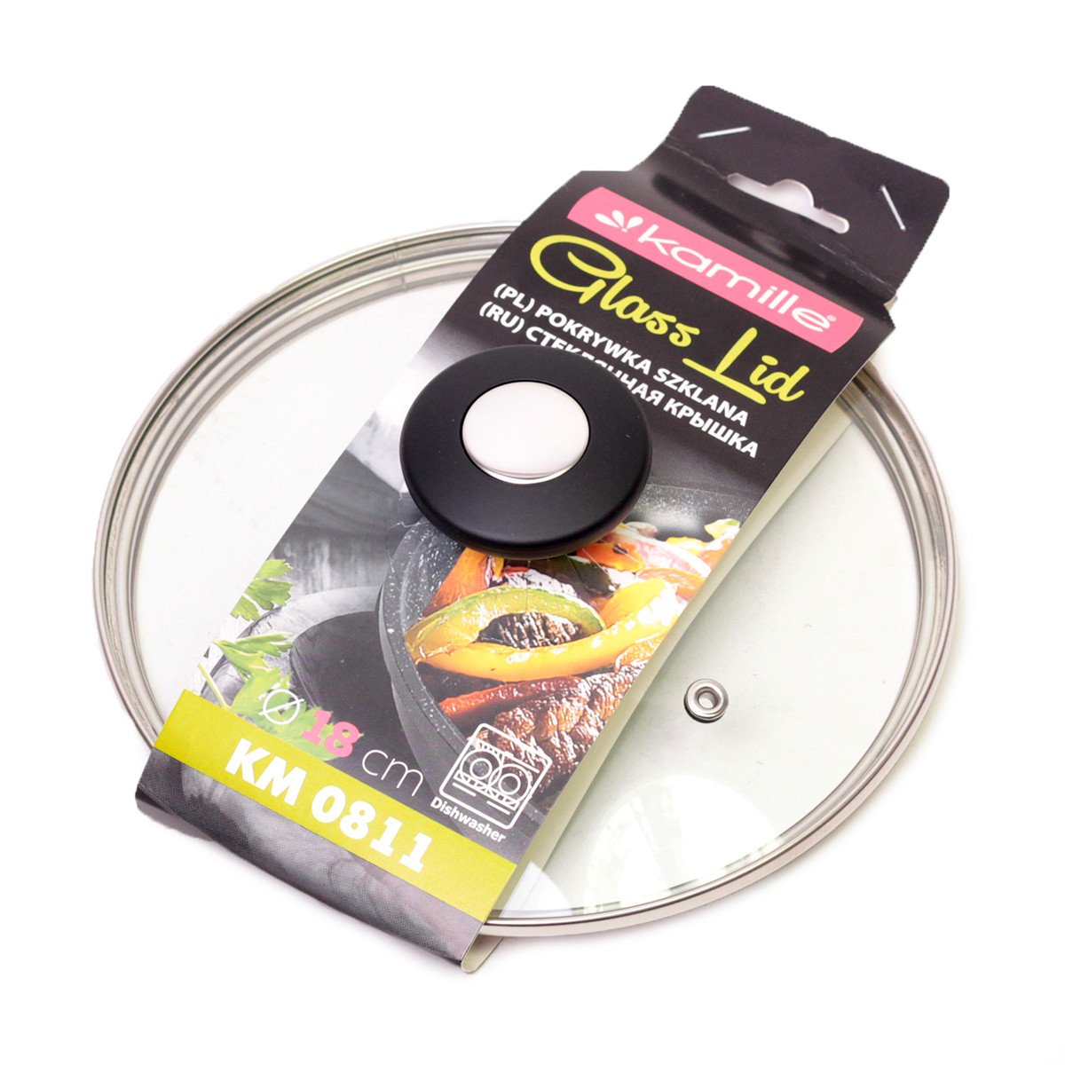 Крышка стеклянная Kamille KM-0811 с металлическим ободком 18 см