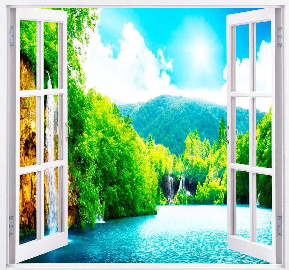 Фотообои WS Wallpaper Окно с видом на водопад 100x100 см (353501) Жаккард
