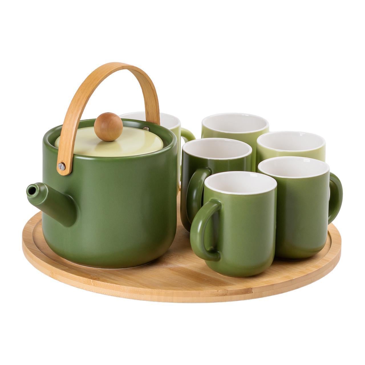 Чайный сервиз с бамбуковой вращающейся подставкой на 6 персон Зеленый