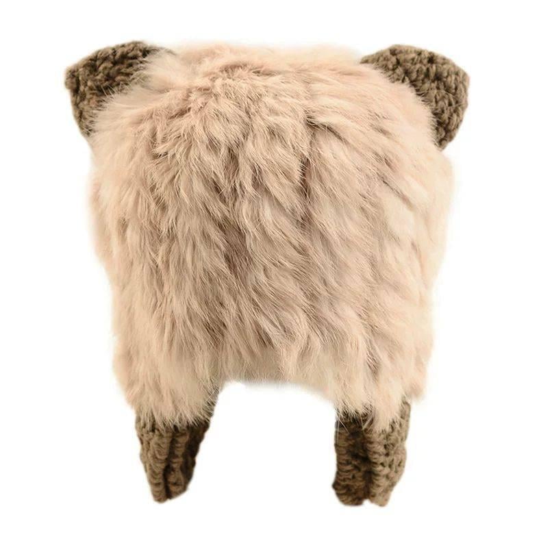 Шапка женская зимняя с ушками из искусственного меха и вязаным основанием мягкая пушистая One size Бежевый (D72756/2790277334)