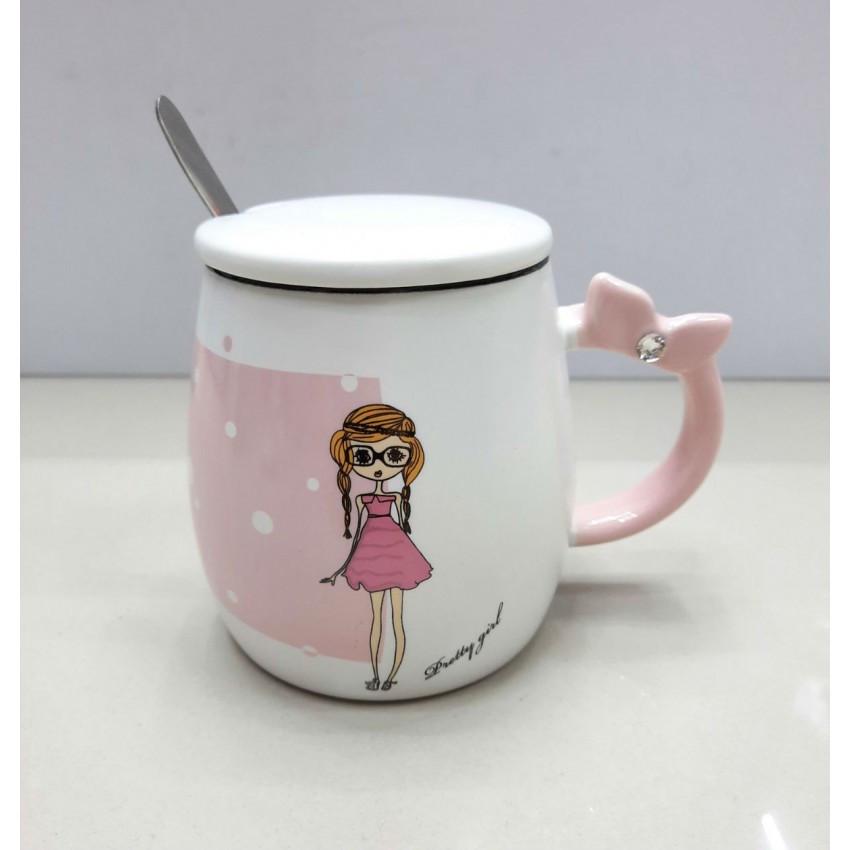 Чашка Stenson R88404/1 Девочка с крышкой и ложкой фарфоровая 400 мл