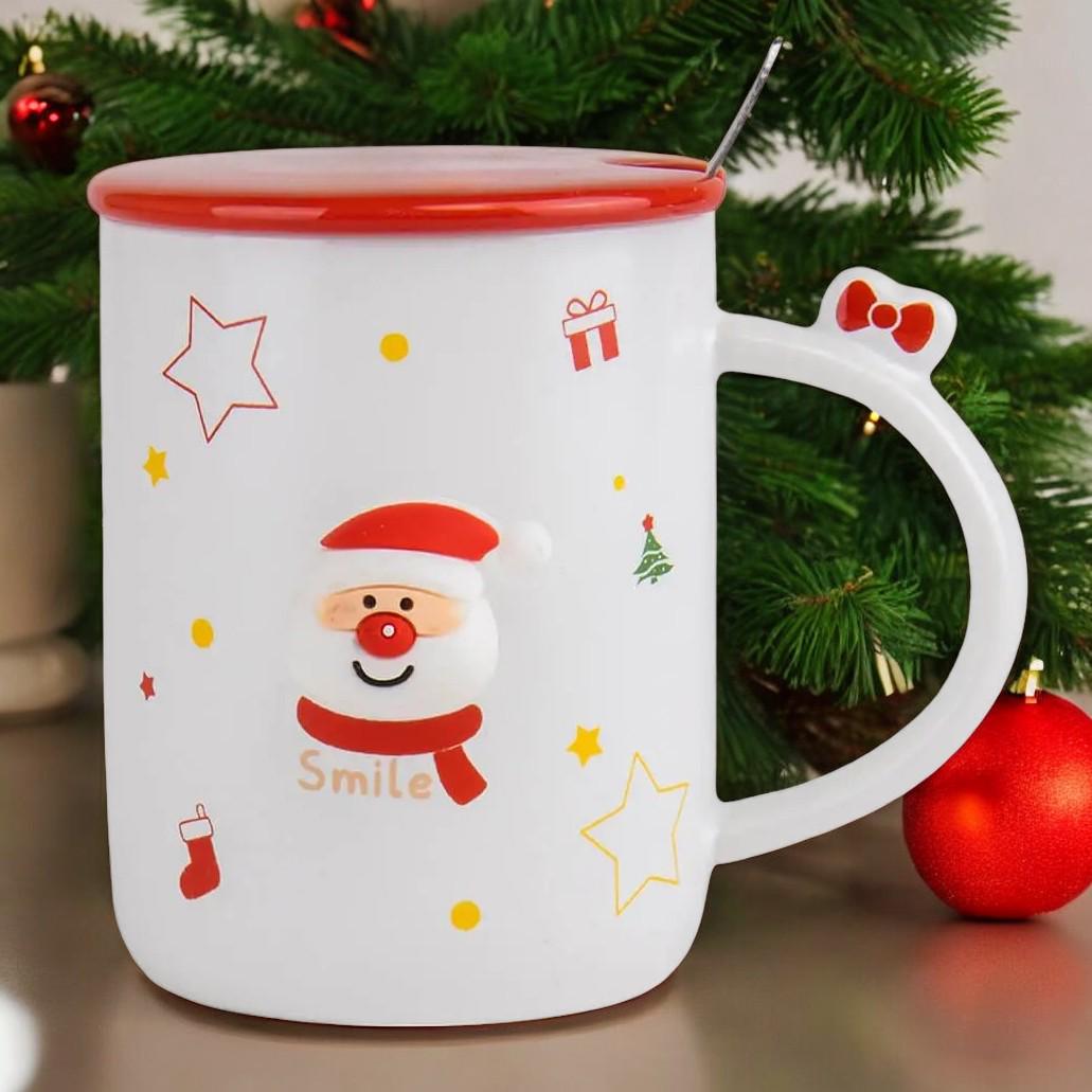 Чашка новогодняя с крышкой и ложкой Санта Smile керамика 360 мл Белый - фото 1