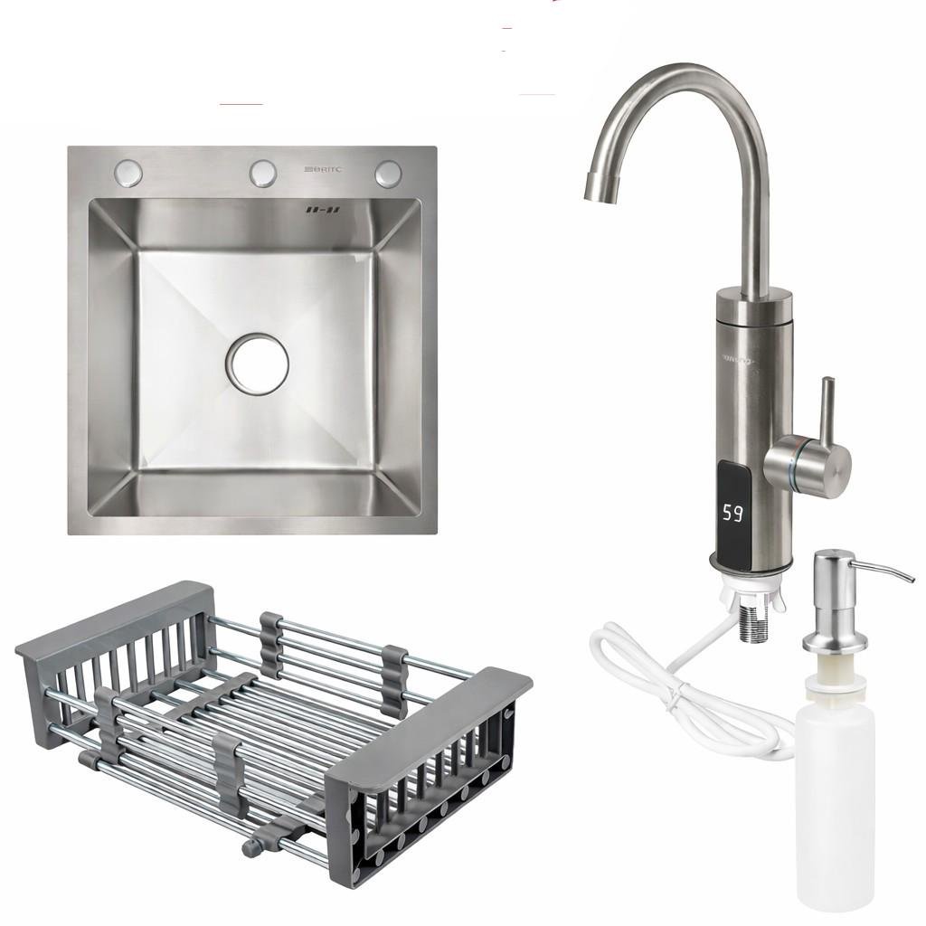 Набор на дачу Britc нержавеющая сталь кухонная мойка 50х50 см/кран-водонагреватель проточный с дисплеем/аксессуары