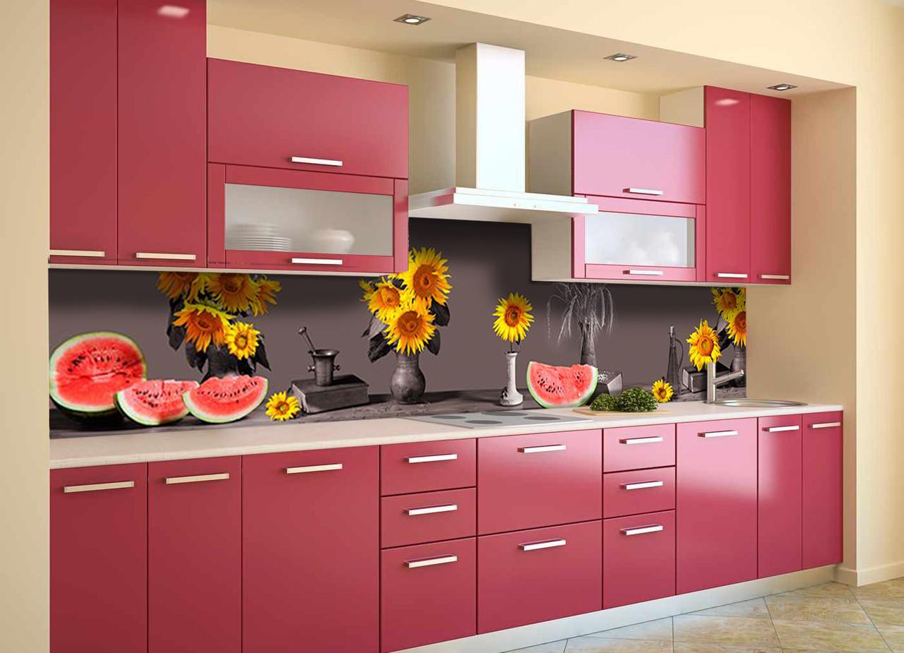 Кухонный фартук Подсолнухи арбузы из самоклеющейся виниловой пленки 60х300 см Серый