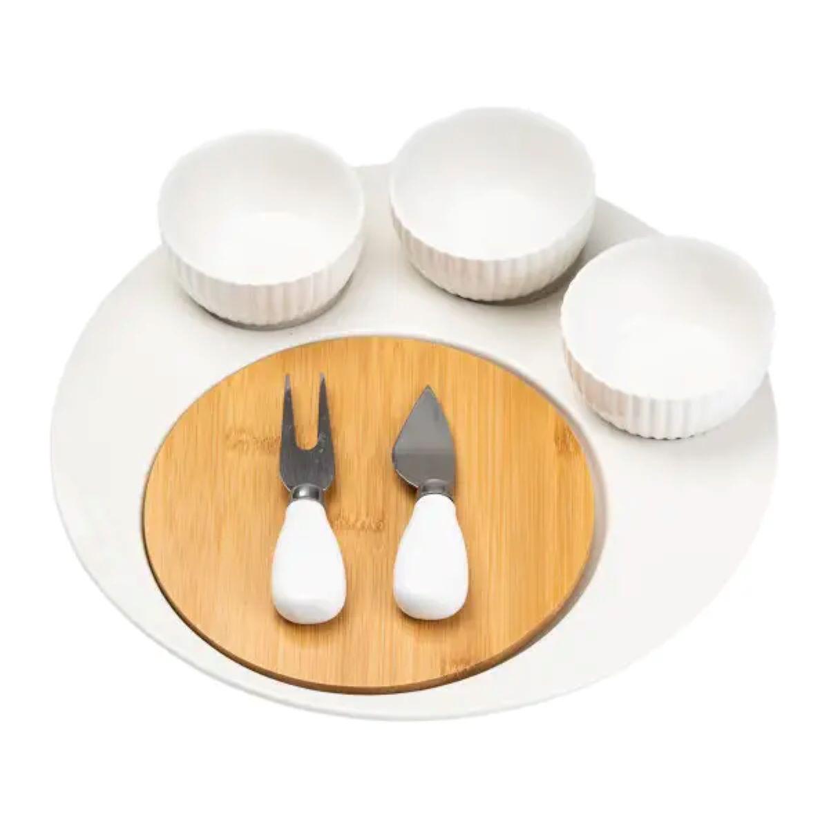 Набір для нарізки сиру керамічна тарілка/ніж/вилка/3 миски/дерев'яна дошка 29 см (4746) - фото 9 Набір для нарізки сиру керамічна тарілка/ніж/вилка/3 миски/дерев'яна дошка 29 см (4746) - фото 9