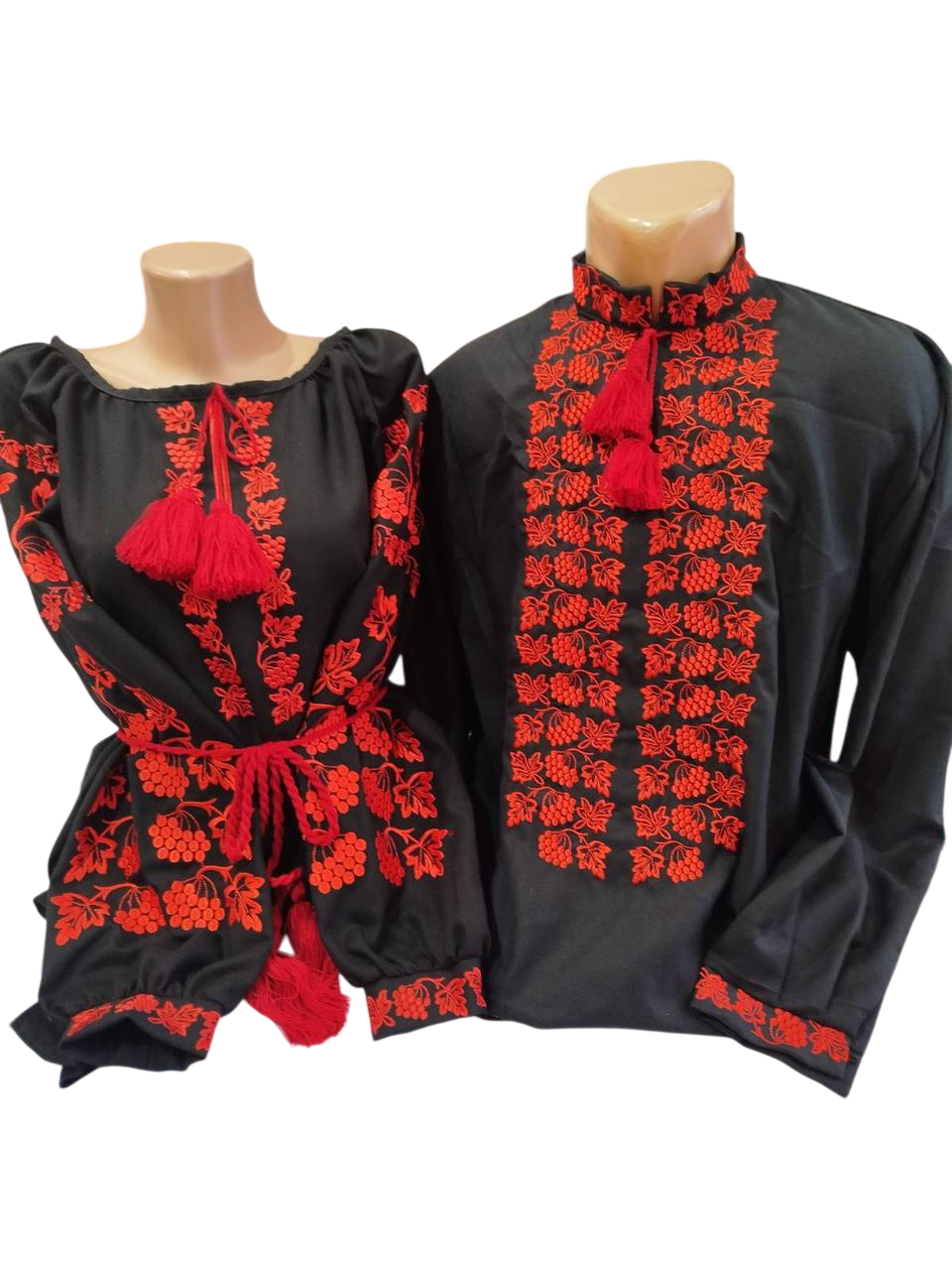 Вышитые сорочки для пара с красной калиной на черном натуральном домотканом полотне р. 58 (2896012428)