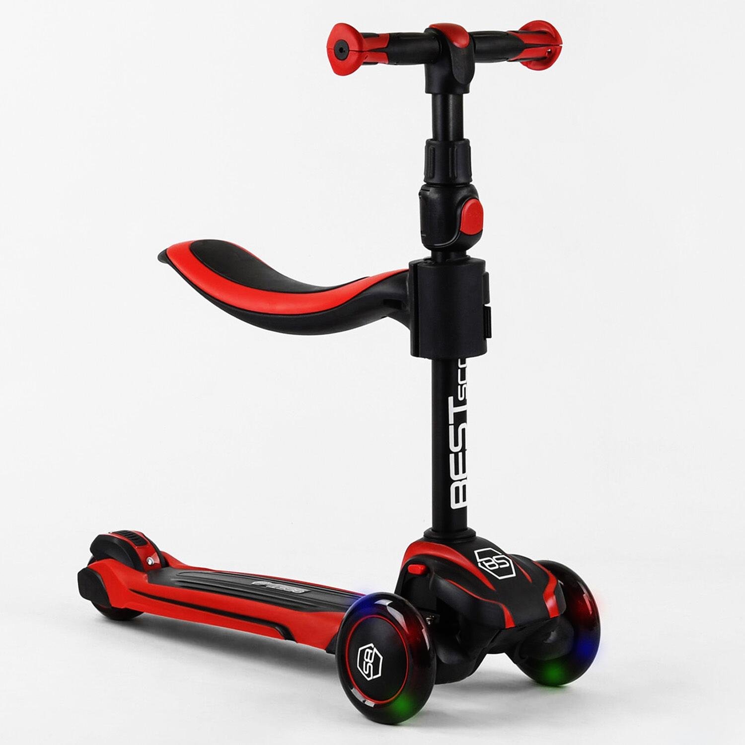 Самокат триколісний Best Scooter Maxi із сидінням колеса PU зі світлом Red/Black (102923) - фото 1