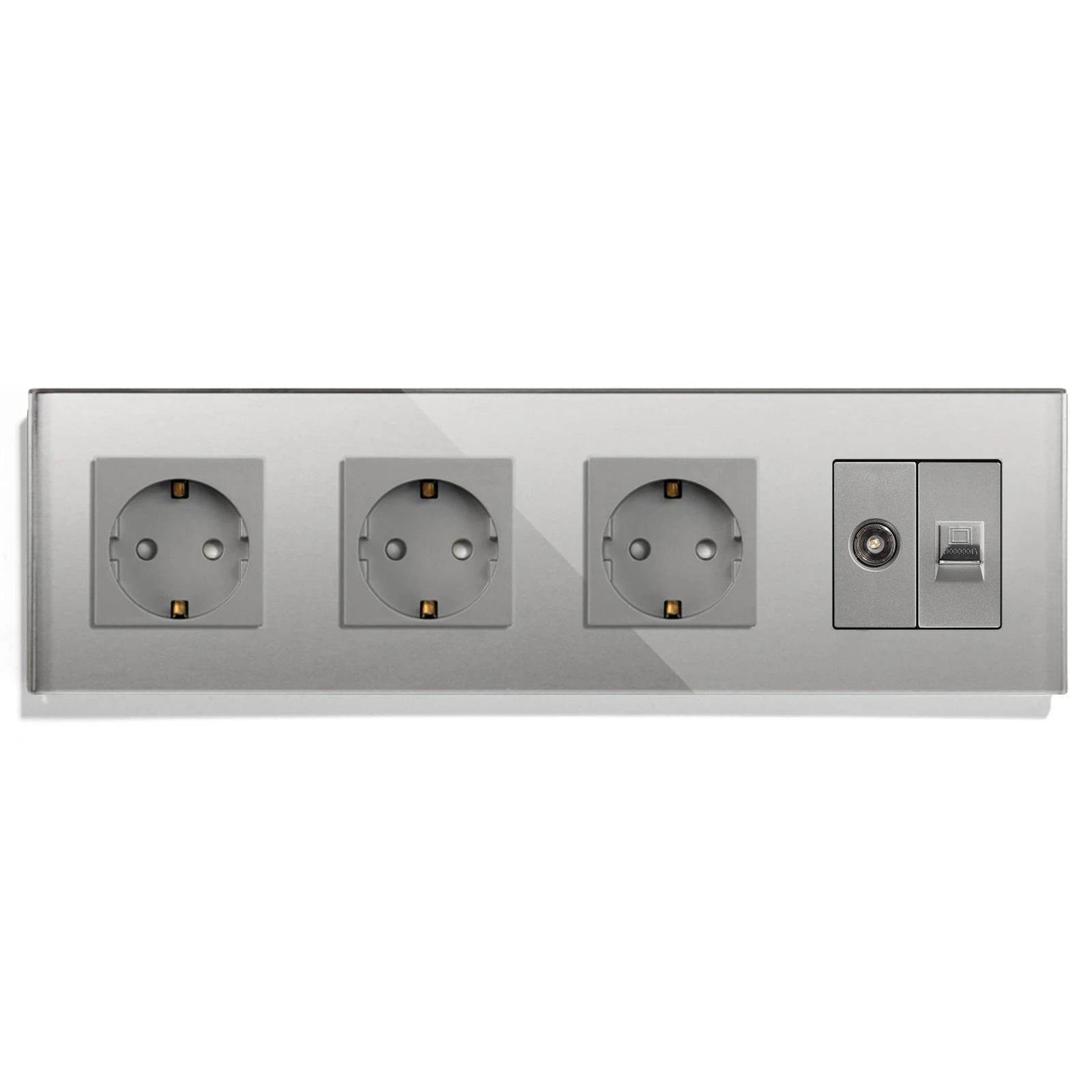 Розетка четырехместная LUXION силовая/интернет RJ-45/ТВ настенная стеклянная рамка Серый (LX-M4FCAT6PTY-GY)