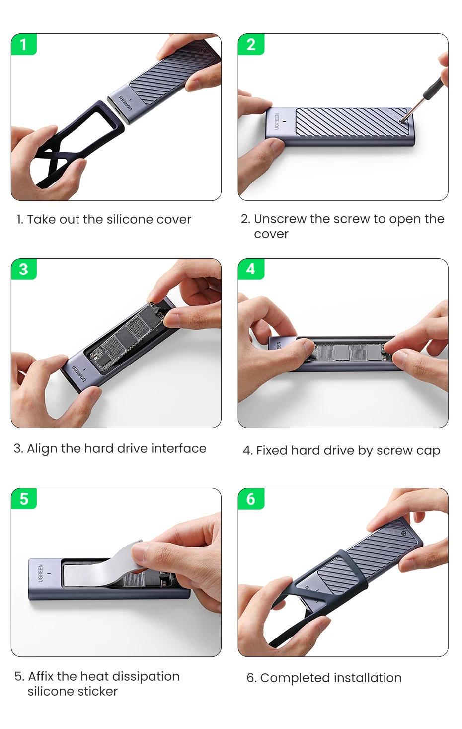 Корпус UGREEN для M.2 NVME та SATA SSD дисків 10 Гбіт/с з кабелями M та B&M 2280/2230/ 2242/2260 для PCI-e та NGFF Сріблястий (90408) - фото 12