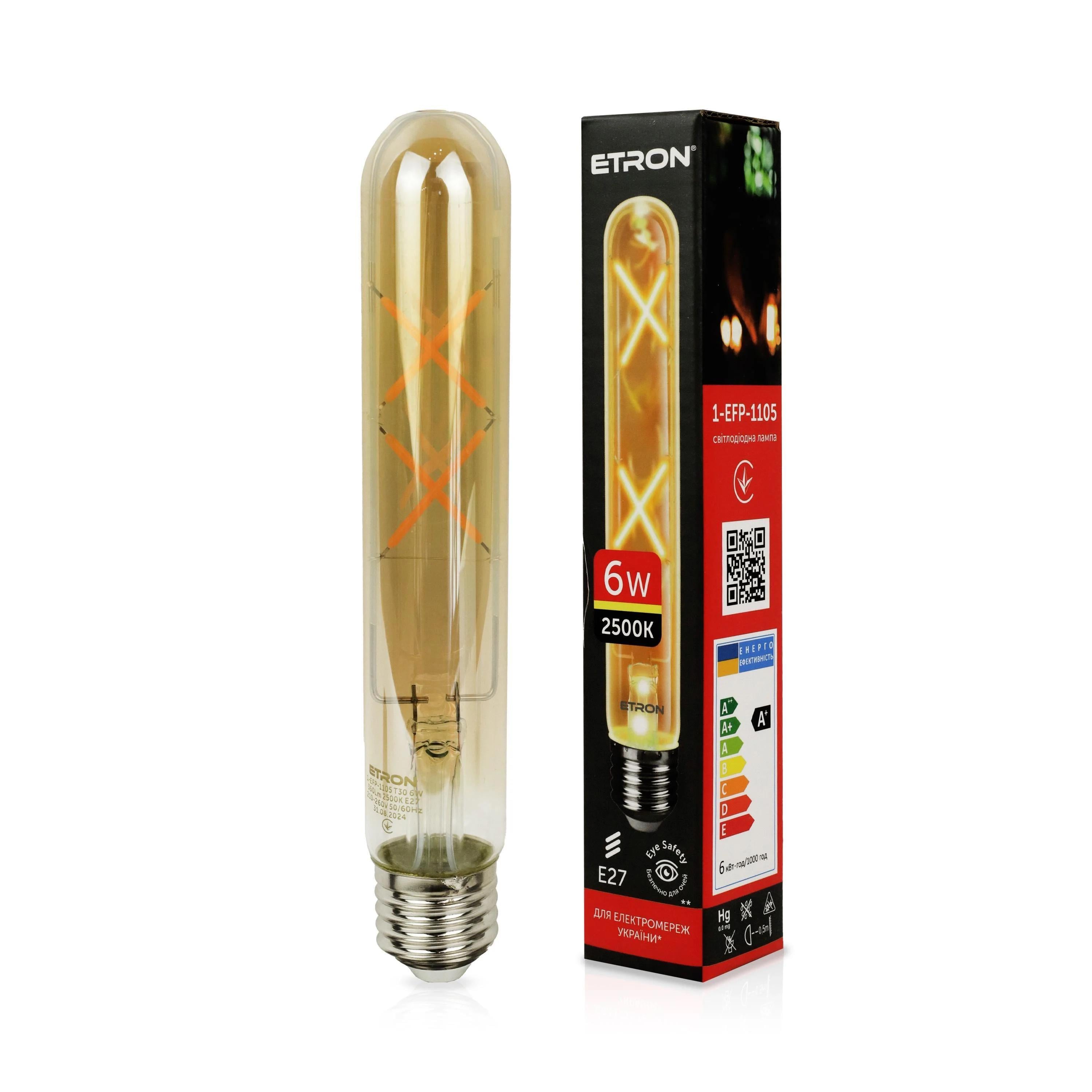 LED-лампа філаментна ETRON 1-EFP-1105 позолочене скло 6W 2500K T30 E27 Golden (27844694)