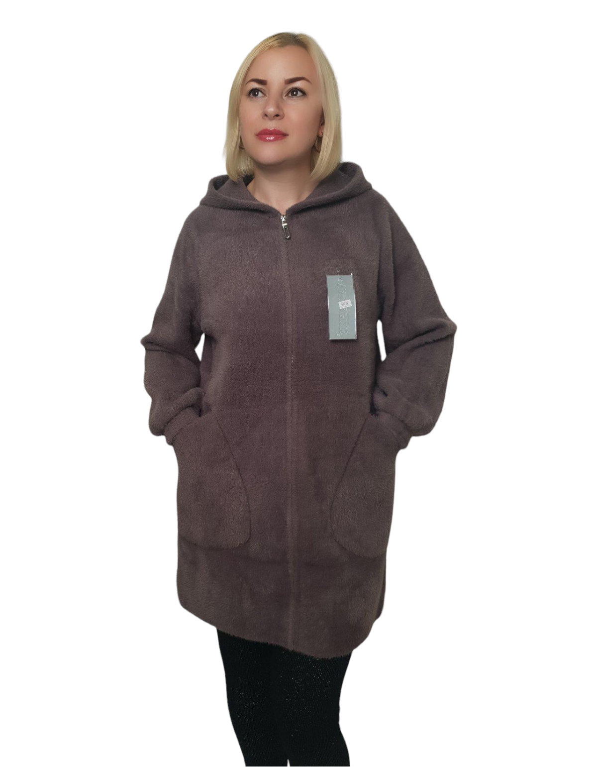 Пальто с капюшоном из шерсти альпака р. 50-54 Коричневый (98239)