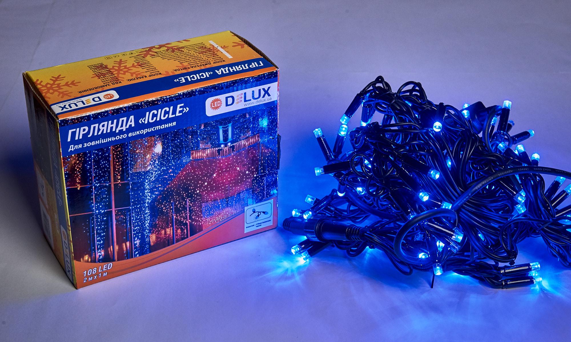 Гирлянда наружная Delux Icicle 108 LED бахрома 2x1 м 27 flash IP44 EN Синий/Черный (90012946) Гирлянда наружная Delux Icicle 108 LED бахрома 2x1 м 27 flash IP44 EN Синий/Черный (90012946)