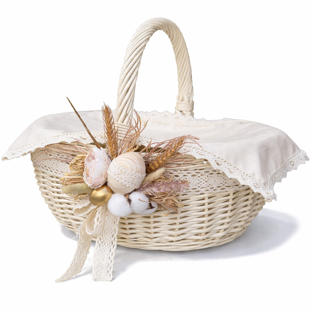 Корзина Пасхальная Лодочка с этно декором и полотенцем плетеная из лозы Белый (10033)