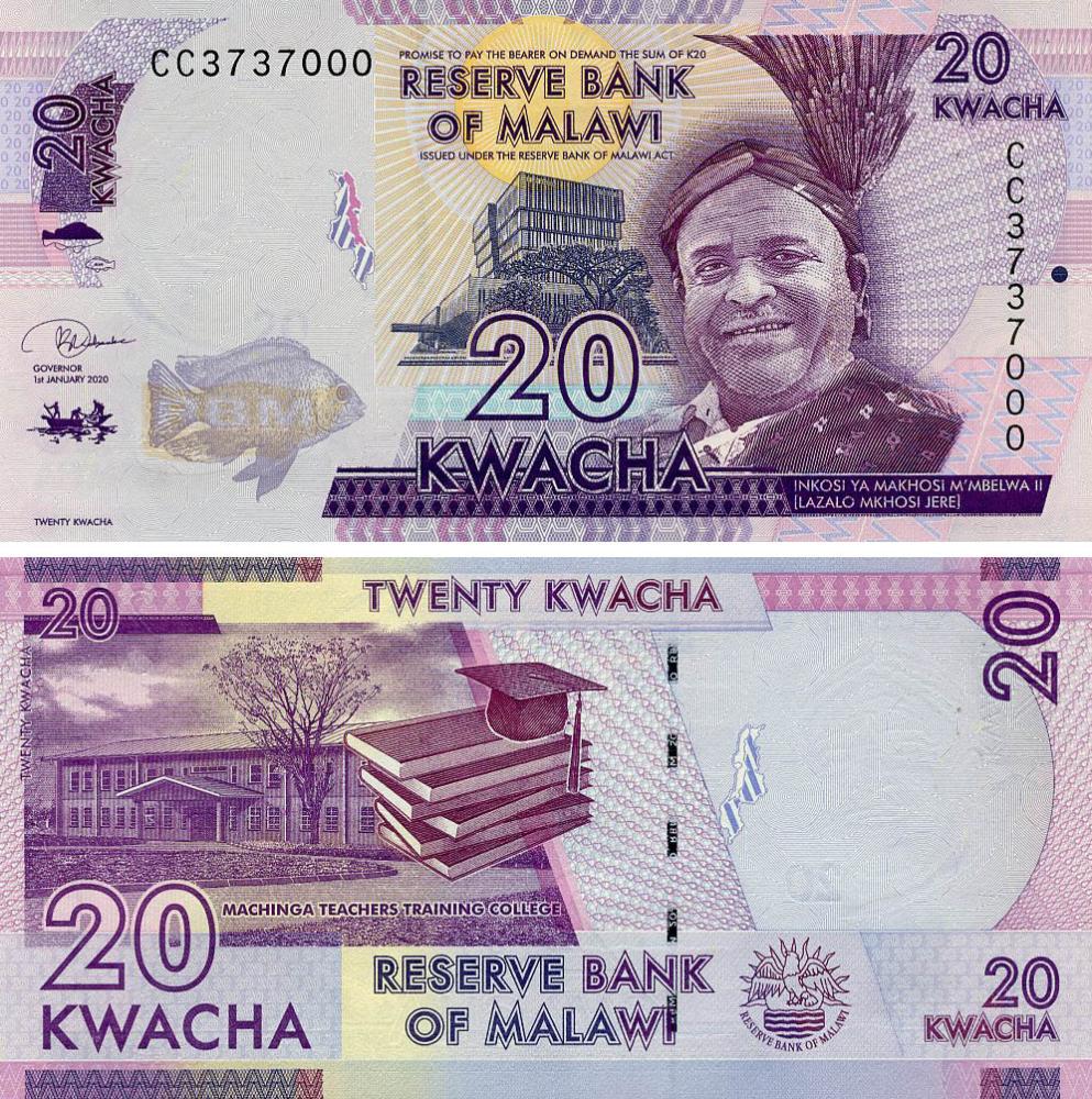 Коллекционная банкнота Малави 20 квача 2020 UNC (P63)