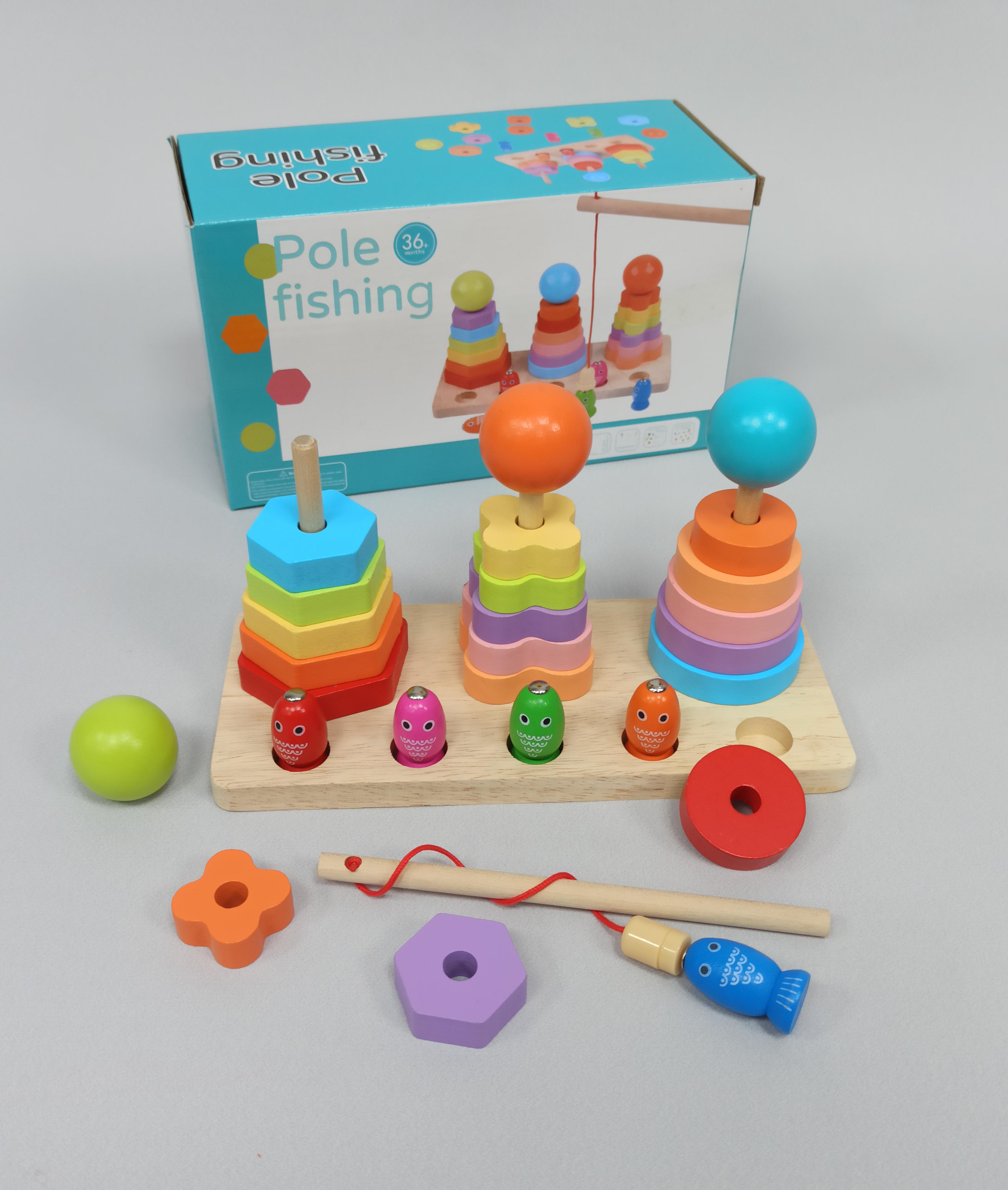 Деревянный сортер пирамидка магнитная рыбалка 2в1 с удочкой (53638)