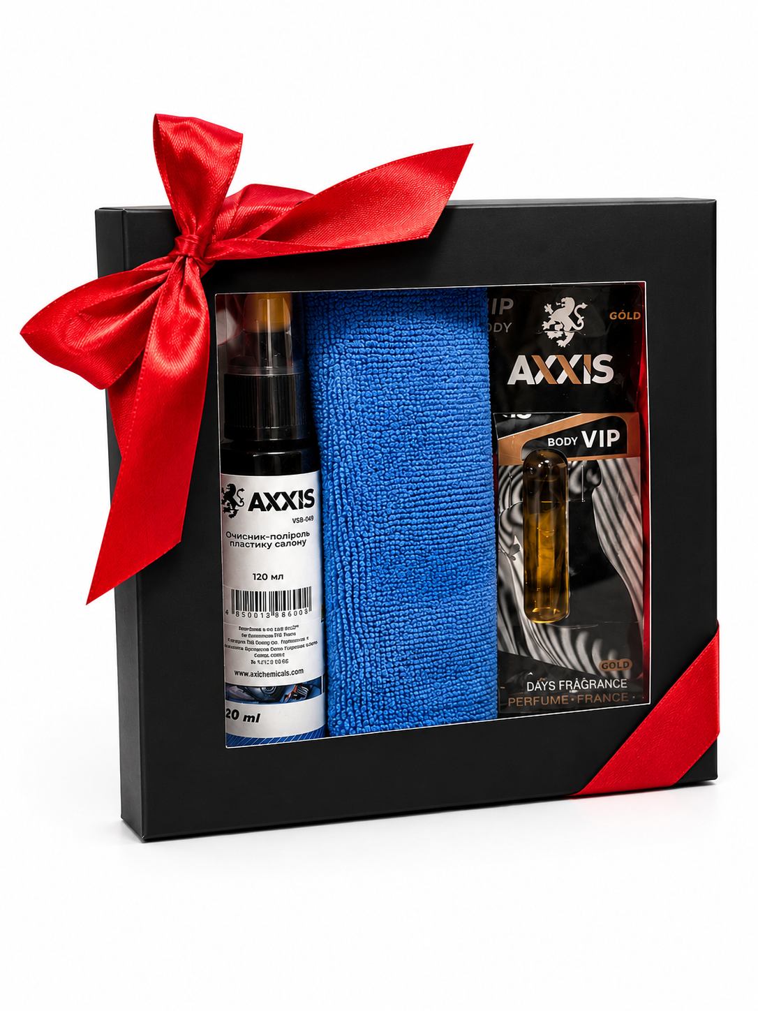 Набор подарочный для автомобиля AXXIS Premium Полироль пластика 120 мл + Автопарфюм VIP/Микрофибра 30х30 см (5743-9018)