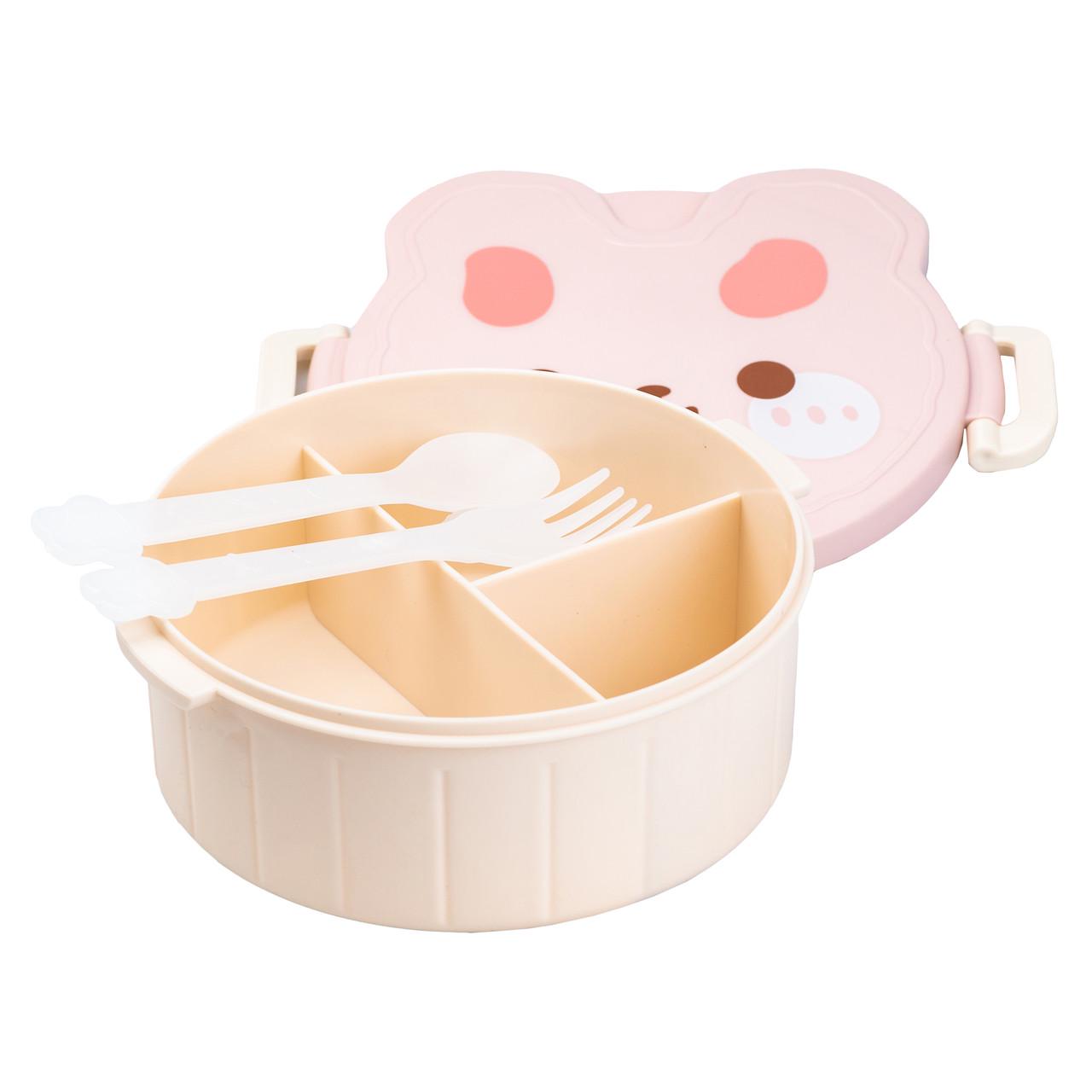 Ланч-бокс детский Медвежонок на три секции пластиковый с вилкой и ложкой 950 мл Белый (4549)