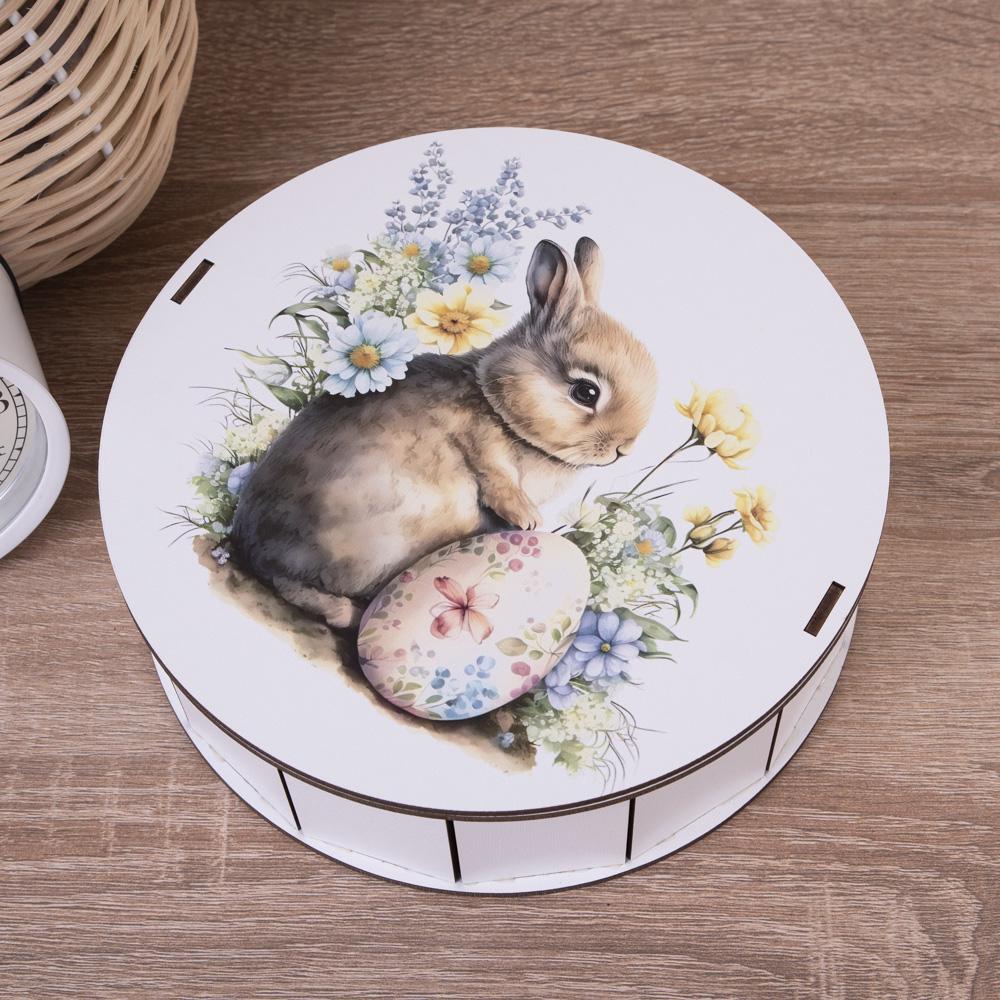 Коробка деревянная Кролик з цветочками и яичком круглая 19,5 см (6964-22)