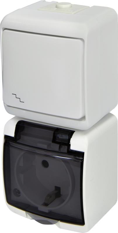 Розетка наружная ETI VRHP-3sd с заземлением/1-клавишным переключателем вертикальная с прозрачной крышкой IP54 Белый (4668030)