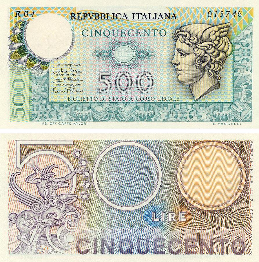 Коллекционная банкнота Италия 500 лир 1976 г. UNC P95 (Б20795)