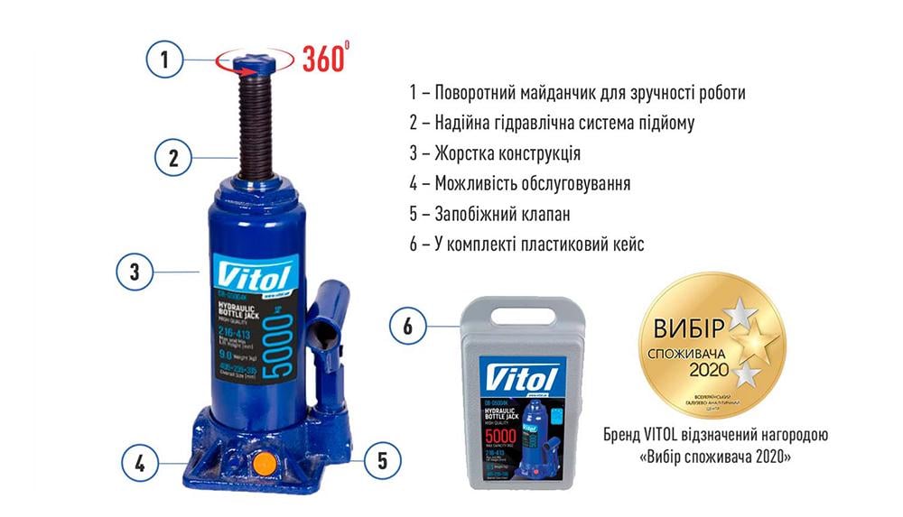 Домкрат гидравлический Vitol 5Т (DB-05004K) - фото 3