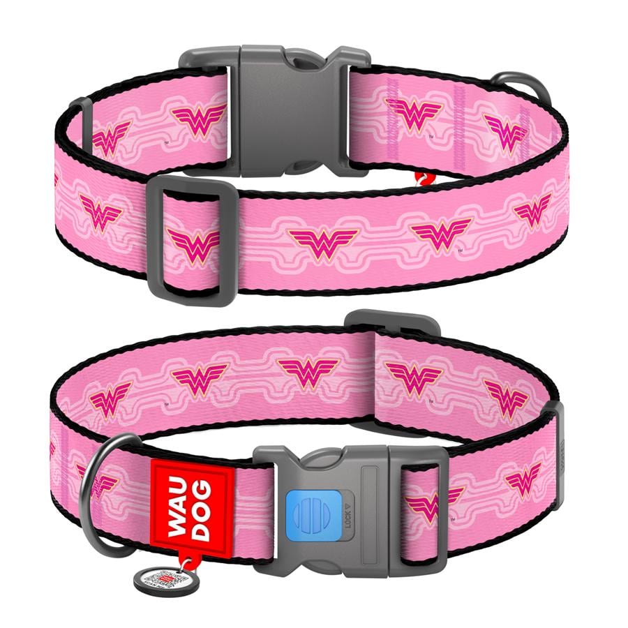Ошейник для собак с QR-паспортом Waudog Nylon Чудо-женщина 1 пластиковый фастекс XXL 35 мм 46-70 см Pink (284-2015) - фото 1