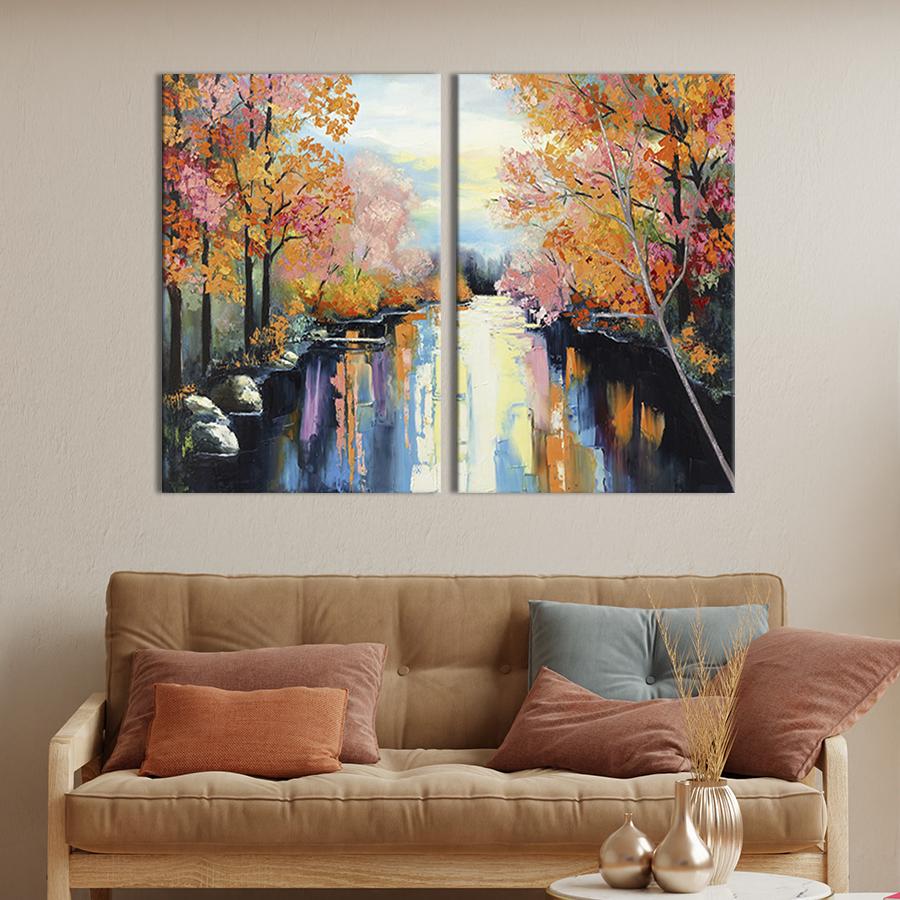 Модульная картина на холсте Диптих Осенние деревья вдоль канала 165x122 см (603-2)