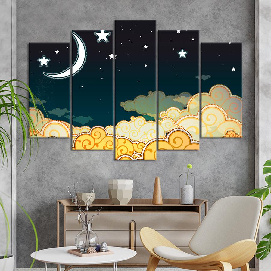 Картина на холсте Ночное небо со звездами и Луной в ретро стиле 137x85 см (V197-5_L) Картина на холсте Ночное небо со звездами и Луной в ретро стиле 137x85 см (V197-5_L)