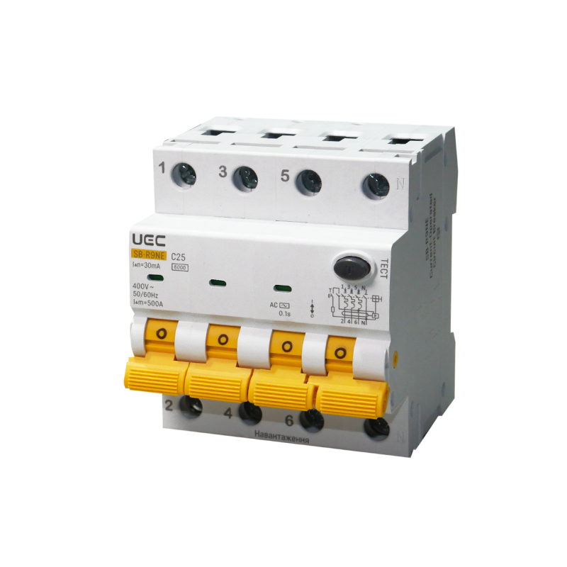 Дифференциальный выключатель UEC SB-R9NE 4P 25А 30мА 6кА тип АС (RCBO60-4-025-C-030-AC)