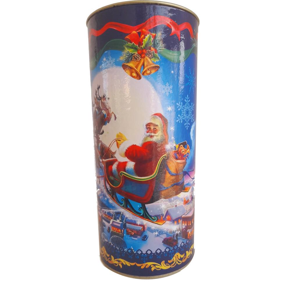 Новогодняя коробка-тубус Санта-Клаус на санях металлизированная 600 г 4 шт. (6845)