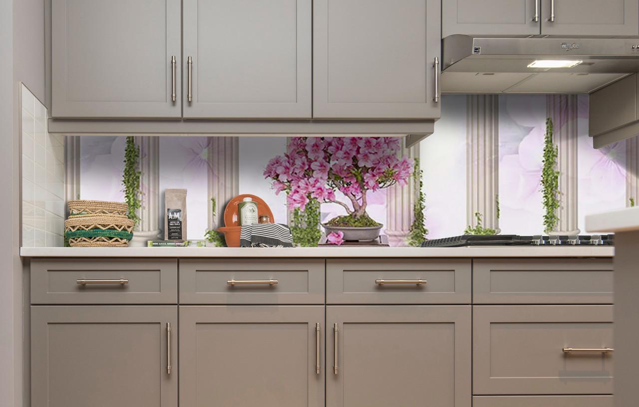 Кухонный фартук Цветущий бонсай колонны из самоклеющейся виниловой пленки 60х300 см Серый